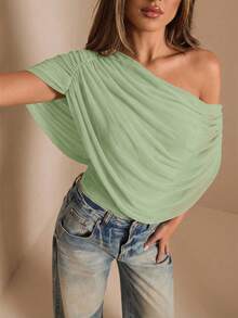 SHEIN BAE Autumn/Winter Solid Brown/Coffee Off Shoulder Ruched Fitted Elegant Bodysuit, Tight-Fitting Graceful Fitted Bodysuit, Draped Top - Mint Green - View 6
