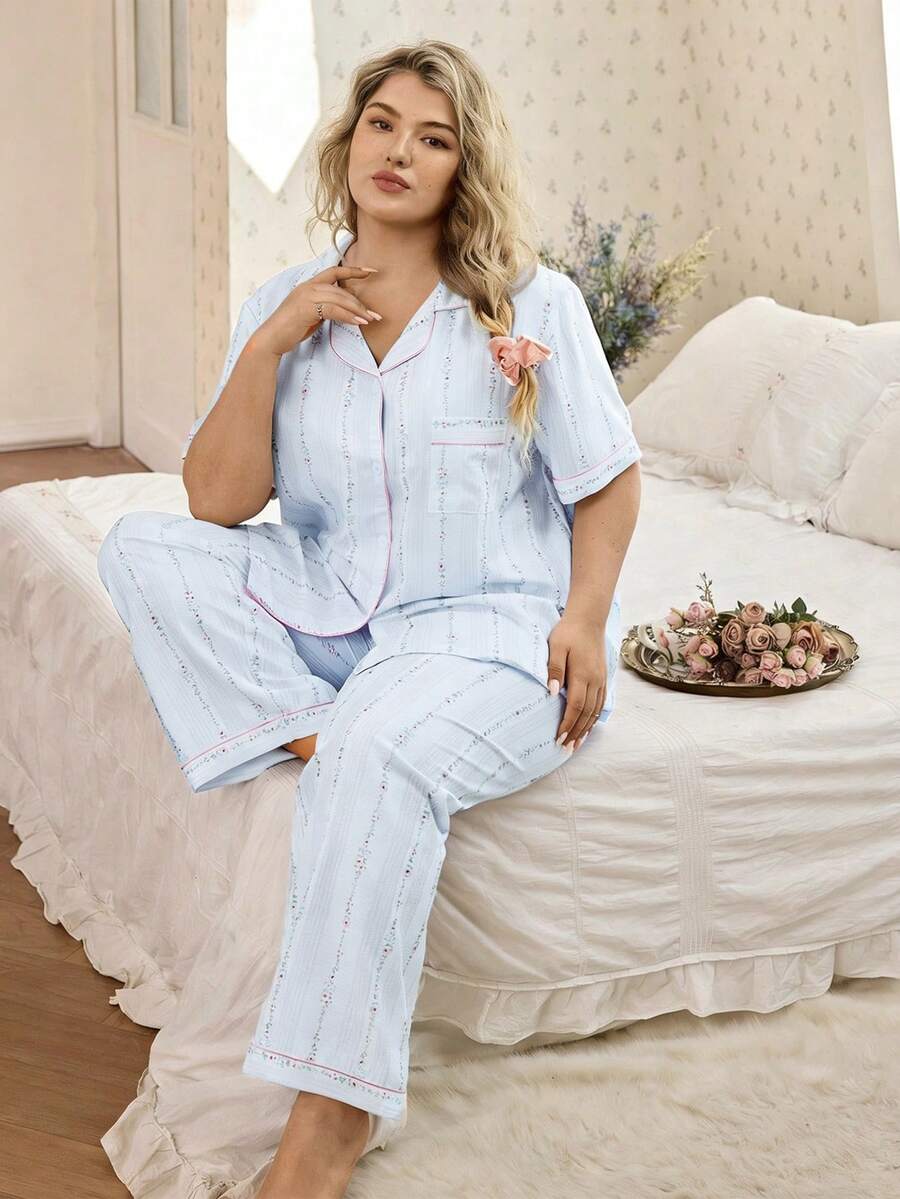 CottageSlumber Plus Size Ditsy Floral Ruffle Collar Short Sleeve Pajama Set - Blue - View 1