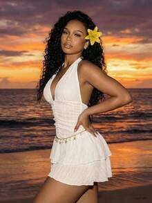 BamGleam Women's Spring/Summer Beachwear Jacquard Mesh Sleeveless Halter Waist Ruffle Hem Vacation Dress & Cover-Up - Apricot - View 5