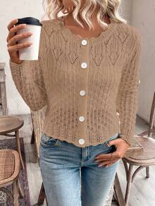 EMERY ROSE Women's Round Neck Hollow Front Button Cardigan, Autumn/Winter Knitted Sweater Jacket Back-To-School Golf White Sexy - Orange - View 4