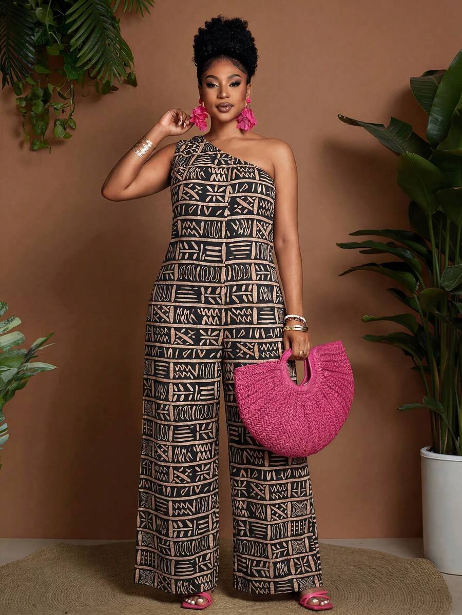 Lunelith SHEIN Lunessa 女士沙滩度假印花宽松无袖连体裤，春夏款 - 彩色 - 查看 1