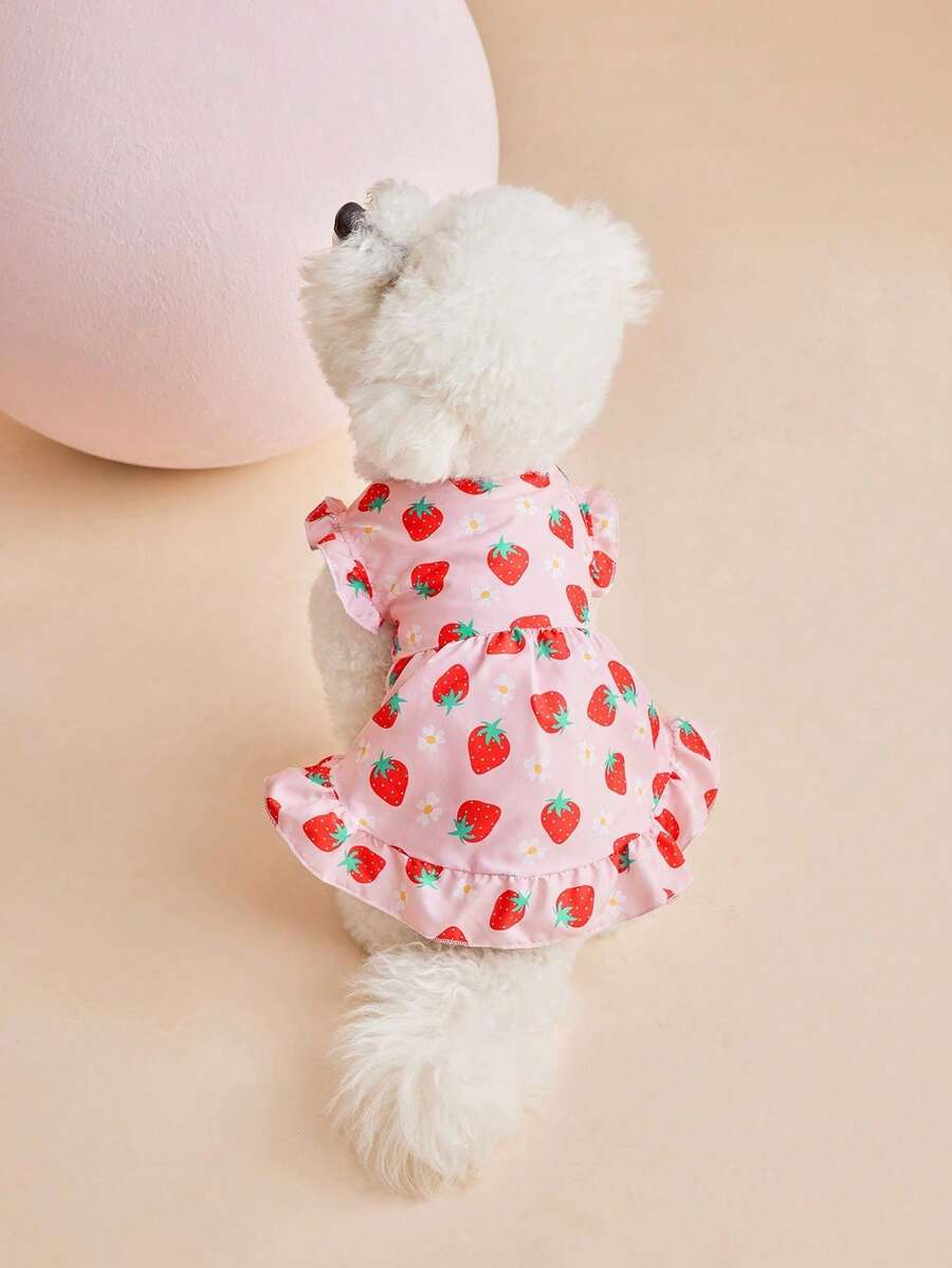 PETSIN 1pc Pet Strawberry Print Cap Sleeve Ruffle Trim Button Up Dress, Suitable For Dogs - Multicolor - View 1