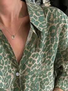 INAWLY Women's Leopard Print Shirt And Shorts 2 Pieces Set - Green - View 3