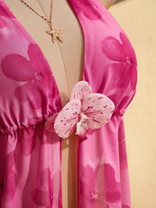 SHEIN ICON Ensemble top à col ras-du-cou et jupe plissée à imprimé floral pour femmes grandes tailles - Rose bonbon - Voir 8
