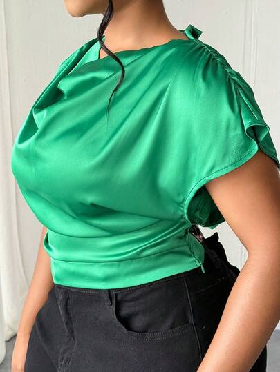 Maweii Plus Size Green Vintage Pleated Collar Elegant Fitted Shirt