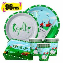 高尔夫主题一次性餐盘、餐巾纸和杯子，派对用品套装，可供 24 人使用，一次性纸质派对餐具，适用于生日、婚礼、主题派对、家庭野餐。 - 查看 1