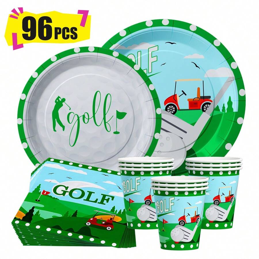 高尔夫主题一次性餐盘、餐巾纸和杯子，派对用品套装，可供 24 人使用，一次性纸质派对餐具，适用于生日、婚礼、主题派对、家庭野餐。 - 查看 1