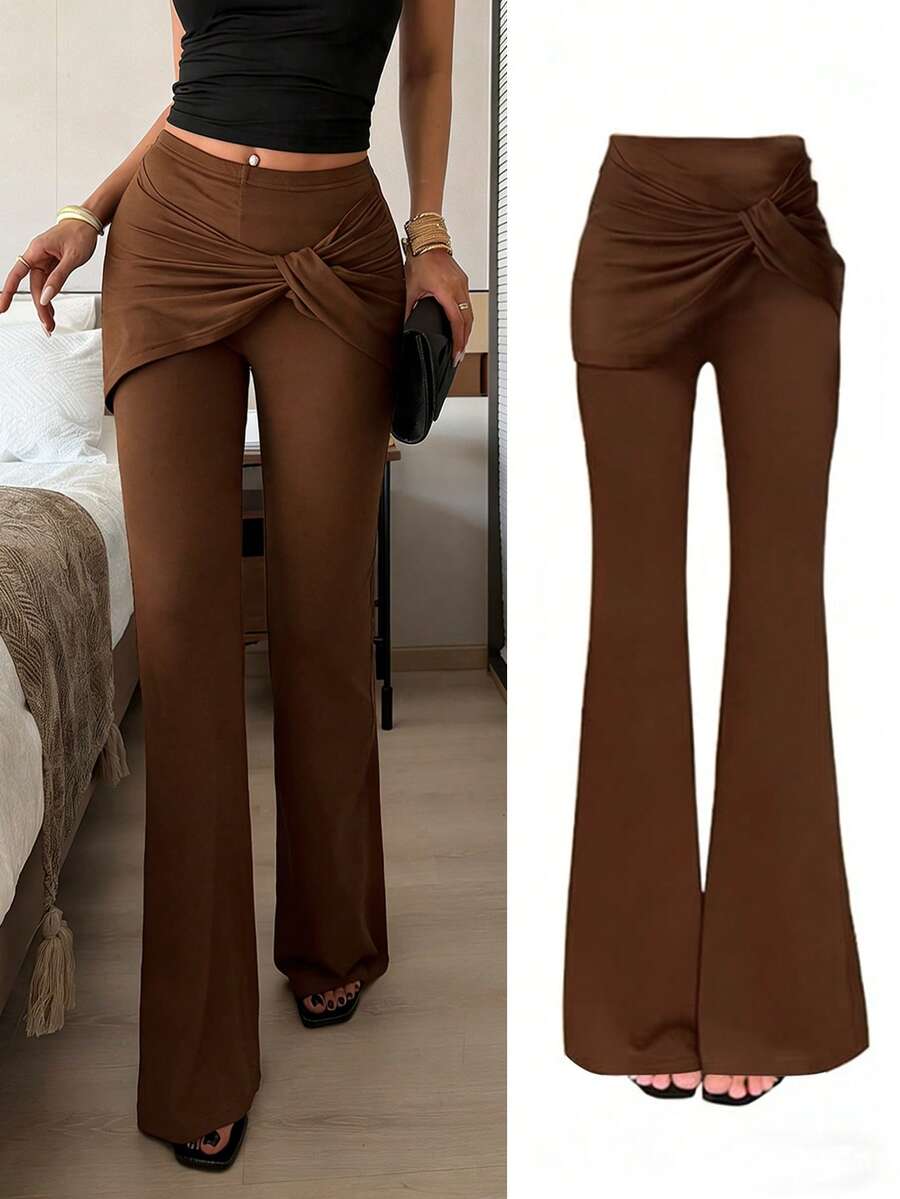 SHEIN Raffinéa Quần legging ống đứng co giãn, cạp cao, ôm dáng, kiểu dáng thanh lịch Pháp dành cho nữ - màu nâu - Xem 1