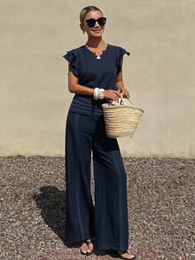 Livesso Women's V-Neck Cap Sleeve Top And Casual Pants Two Pieces Set, Suitable For Summer Vacation, Commuting And Office Wear - Navy Blue - View 6