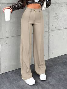 EURMUSE Women's Solid Color Button-Front Minimalist Suit Pants, Casual Everyday Wear - Krem - View 4