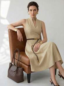 Uhlyne Ins博主最爱的夏季法式极简主义无袖立领连衣裙，高腰A字喇叭修身中长连衣裙，休闲办公百搭吊带裙（不含腰带） - 杏色 - 查看 6