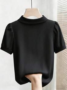 SHEIN Franclia 女款黑色夏季休閒優雅辦公 Polo 襯衫，純色法式風格城市通勤 T 恤，高雅商務韓風上衣 - 黑色 - 查看 2