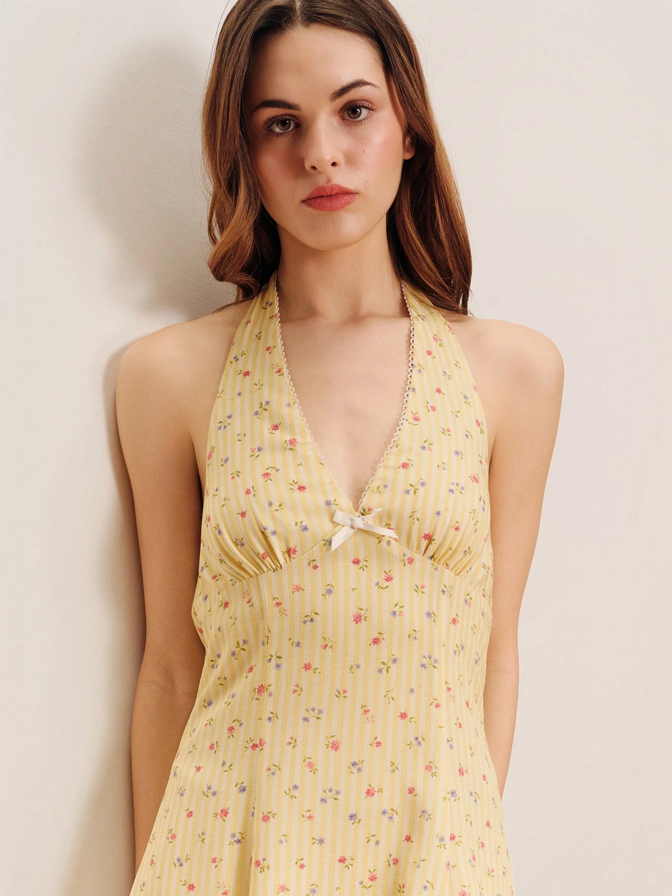 Halter Mini Dress With Striped Floral Fabric Spring Summer French Style Parisian Style Holiday Dress Vacation Dress Birthday Party Dress