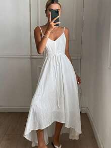 DAZY Women's Casual Solid Color Spaghetti Strap Dress, Summer - White - View 2