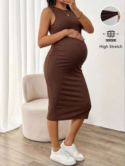 SHEIN Đầm bầu không tay ôm dáng, màu trơn thanh lịch, thích hợp cho mùa hè.