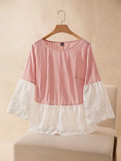 Elaquor Plus Size Women Patchwork Hollow Out Embroidery Contrast Color Round Neck Casual Blouse