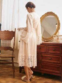 Côtesoire Elegant Vintage Mature Intellectual Loose Comfortable Brown Lace Patchwork Cross Collar Women's Nightgown, Suitable For Home Wear - Champagne - View 2