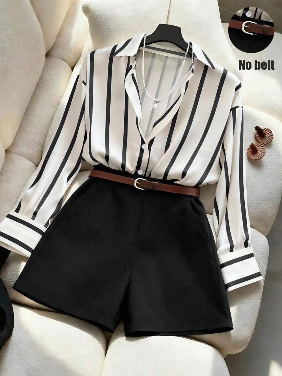 Franclia 女士宽松飘逸条纹衬衫搭配高腰藏蓝色短裤套装，简约时尚春夏装扮 - 黑色 - 查看 1