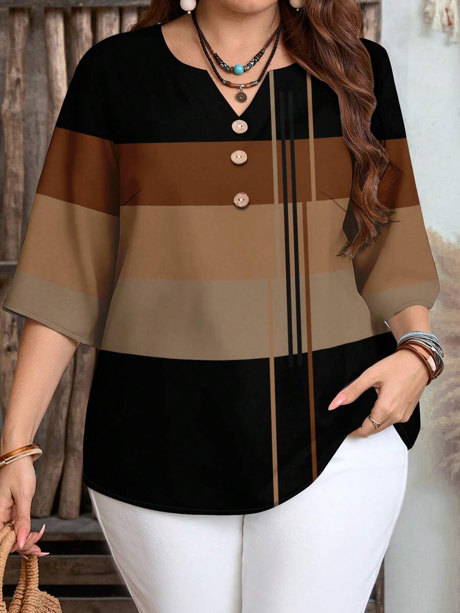 EMERY ROSE Camisa casual de mujer con cuello con muesca y mangas 3/4 a rayas - Multicolor - Ver 1