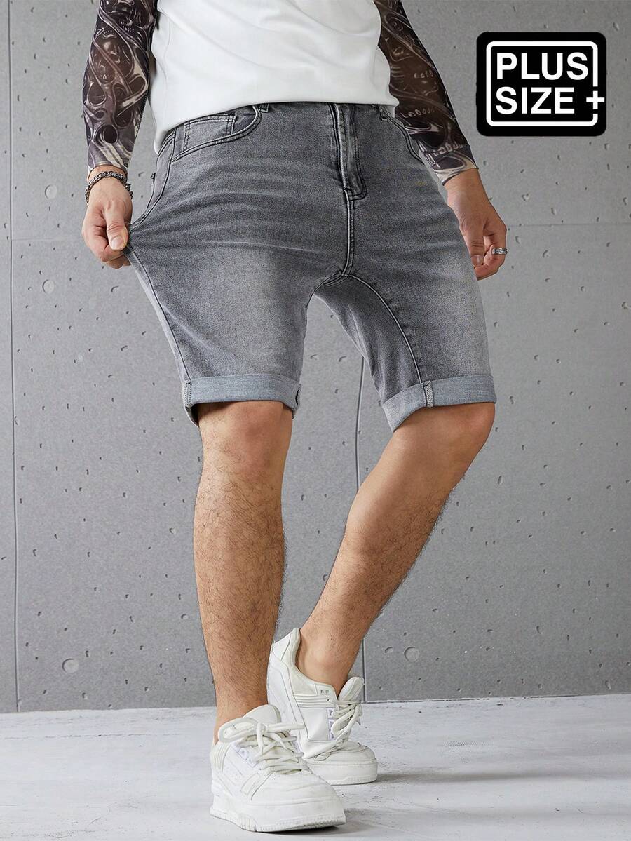 Manfinity Homme Celana Capri Denim Skinny Kasual Musim Panas Elastis untuk Pria Ukuran Besar - Grey - View 1