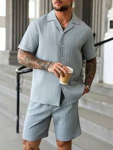 Manfinity Homme Men's Mature Vacation Casual Front Button Shirt And Shorts Set - Light Grey - View 4