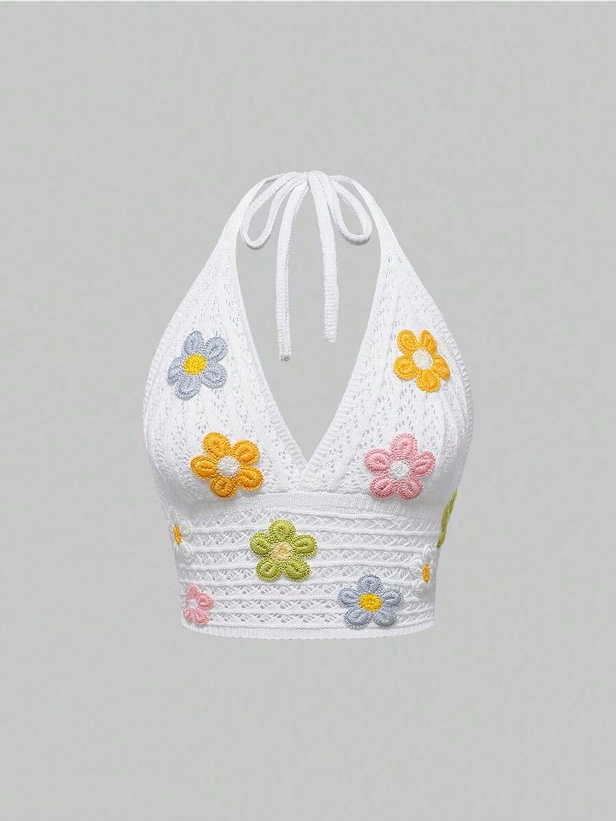 ROMWE Áo cánh trang trí cổ hoa móc dễ thương, phong cách kỳ nghỉ - trắng - Xem 1