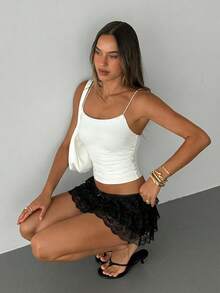 Aloruh Women's Solid Color Black Cake Skirt, Lace Mini Skirt - Black - View 4