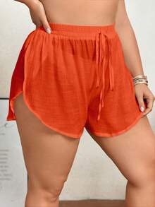 SHEIN Swim Curve Plus Size Solid Color Wrap Tie Knot Short Sheer Shorts Coverup - Orange - View 3