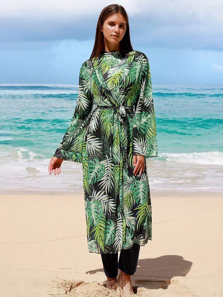 Swim Mulvari 女士春夏三件套：树叶印花圆领长袖上衣、修身喇叭裤和罩衫。适合海滩、派对、度假和保守的布基尼泳装。 - 彩色 - 查看 1