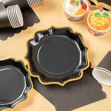 Black Gold-Plated Square Petal Shaped Disposable Dining Plate Napkins Paper Cups, Disposable Party Supplies Set, Suitable For 16 Guests, Suitable For Birthdays, Weddings, Theme Parties, Family Picnics, Disposable Dining Plate Party Utensils - View 6