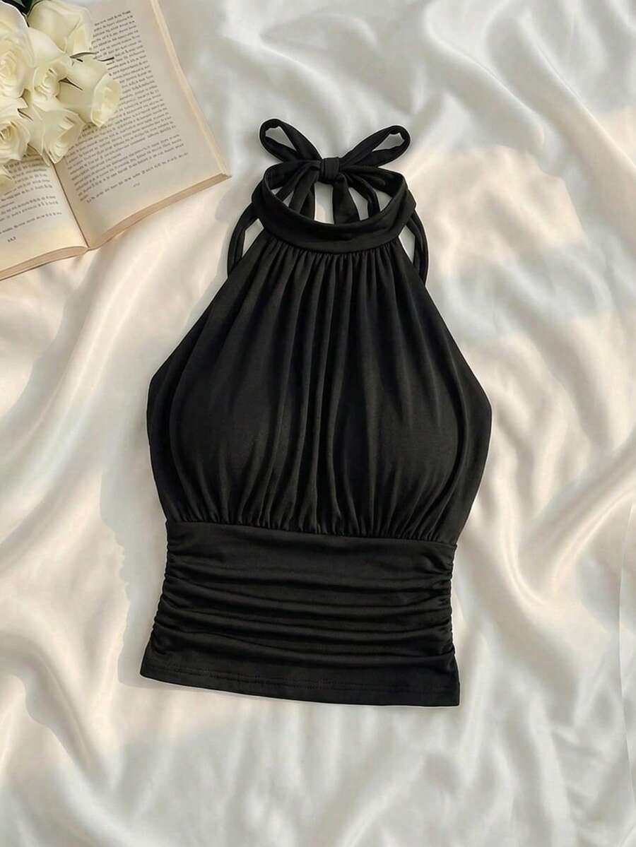 SHEIN MOD 女士休闲通勤纯色褶皱露背系带吊带背心，夏季 - 黑色 - 查看 1