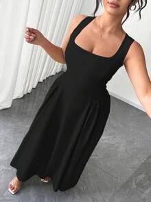 Elenzga Gaun Midi Wanita Ukuran Plus Warna Hitam Elegan Formal dengan Leher Persegi dan Tali Bahu Tipis, Model A-Line dengan Detail Kerut, Cocok untuk Makan Malam, Pernikahan, dan Pesta Musim Gugur. - Hitam - View 3