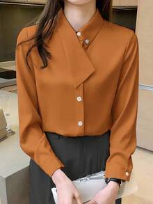 EMERY ROSE Asymmetrical Collar Versatile Elegant Commuter Women T-Shirt Fall Cloth For Women - Burnt Orange - View 3