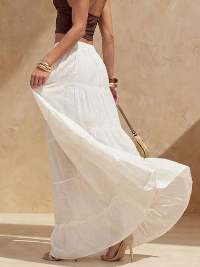 SHEIN Glamour Women's Solid Color Drawstring Waist Pleated Casual Versatile Daily Cottagecore Tiered Skirt Resort Wear Beach Skirt Casual Daily Wear Maxi Skirt Breathable Fabric Beaded Drawstring Detail Resort Versatile Daily Wear Beach Vacation Summer Holiday Garden Party Summer Outing Summer Resort White