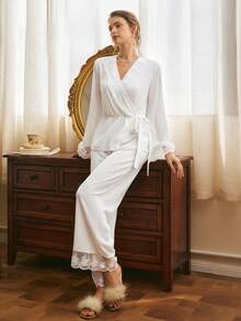 法式浪漫蕾丝拼接系带女士睡衣套装 - 白色 - 查看 6