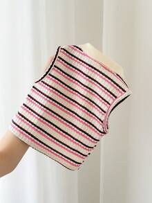 LMoss Kids LMoss  Young Girl Striped Knit Collared Casual Vest - Pink - View 2
