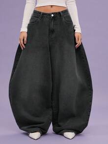 COUREZ Low Rise Baggy Balloon Fit Jeans In Grey Wash/Y2K Summer Clothes For Women Outfits Blue Oversized Festival Concert Spring - Grey - View 2