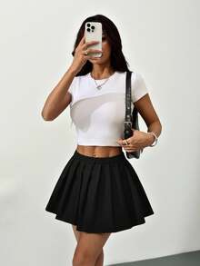 SHEIN PETITE 音乐节性感夜店风学院风迷你百褶裙 - 黑色 - 查看 5