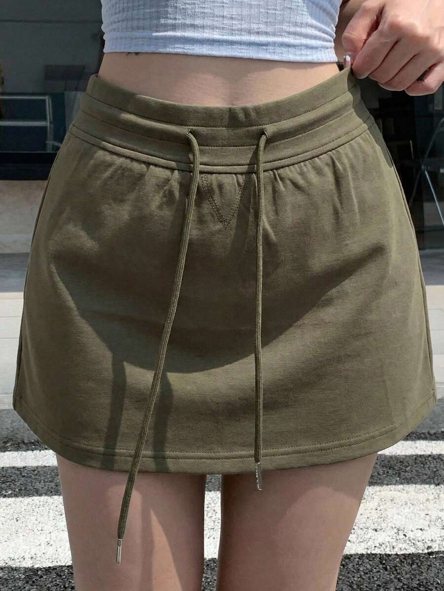 DAZY 女士纯色抽绳腰休闲百搭半身裙 - 灰色 - 查看 1