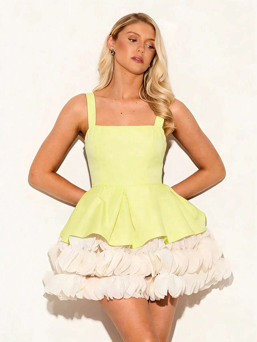 Glamine Elegant Contrast Color Layered Strap Evening Gown - Light Yellow - View 1
