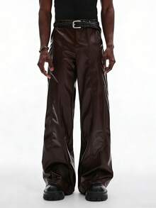 STYNVO Men's Fashionable Versatile Solid Color PU Wide Leg Pants, Suitable For Commuting - Coffee Brown - View 5