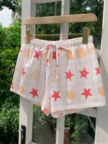 SHEIN EZwear 2026春夏新款贝壳格纹和海洋印花双层雪纺弹力腰宽松休闲短裤，适合海滩度假、休闲外出，Y2K 2000年代风格，春假必备单品 - 彩色 - 查看 3