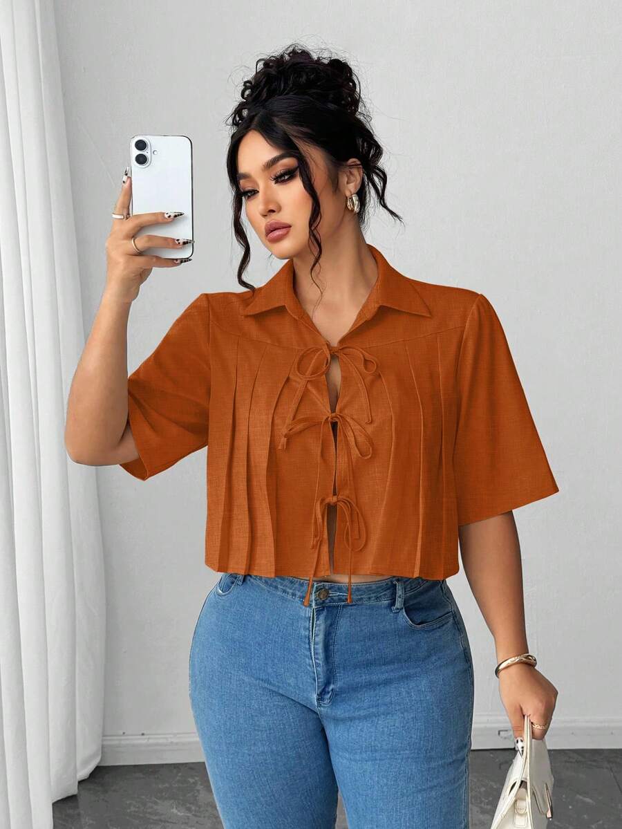 Elenzga Áo sơ mi nữ cỡ lớn đơn giản, màu trơn, thắt nơ phía trước, dáng ngắn, thanh lịch, thích hợp cho mùa hè. - Màu Cam san hô - Xem 1