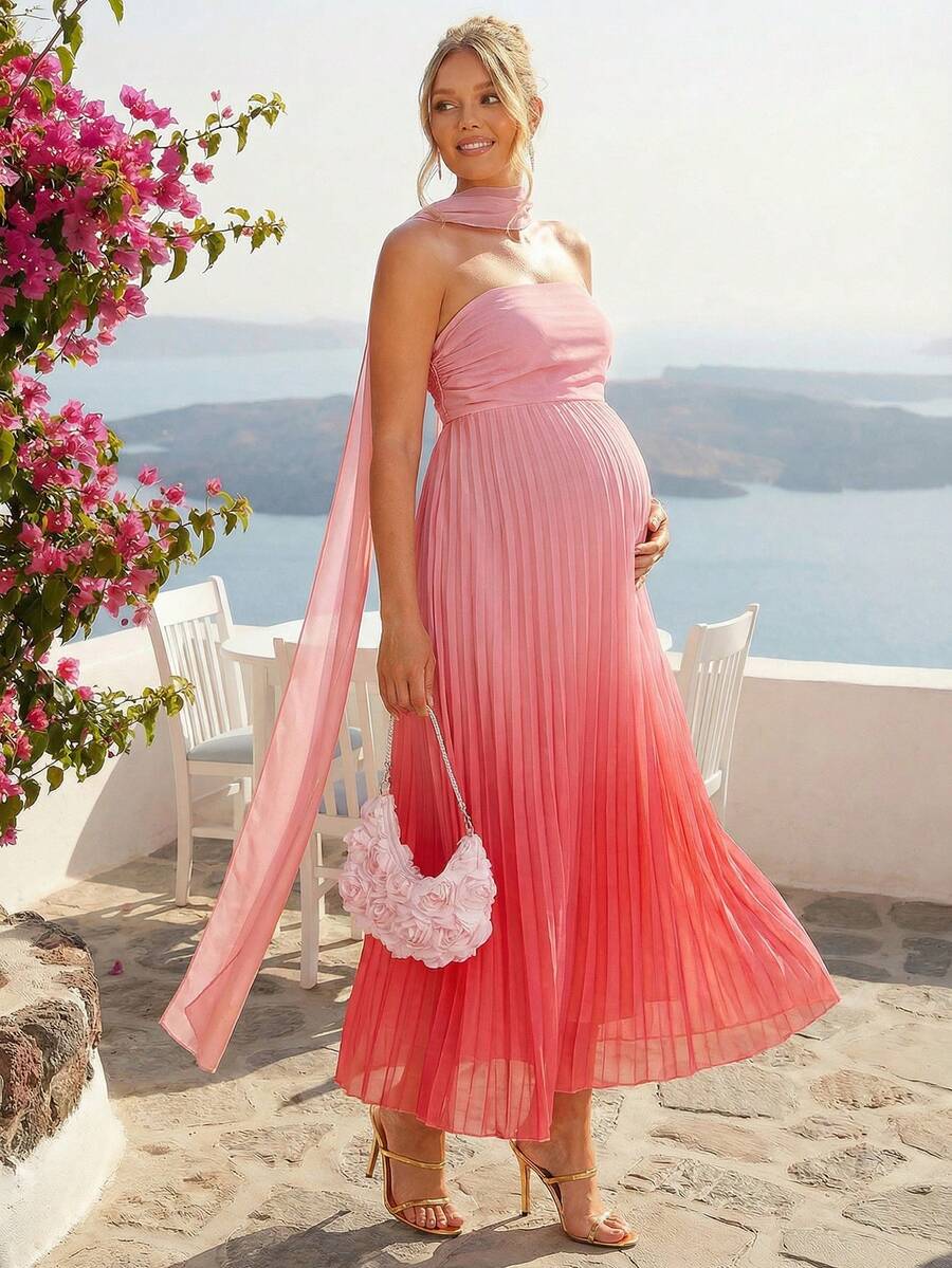 SHEIN Loomaby Elegant Gradient Pleated Strapless Maternity Dress For Party,Gender Reveal Dress,Maternity Dress, Baby Shower Dress,  Luxury Evening Dresses For Women - Pink - View 1