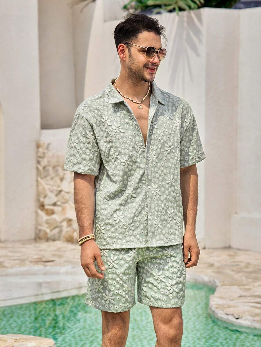Men's Mint Green Botanical Collar Short Sleeve Woven Loose Fit Shirt Set, Casual, Button Front, Drawstring, Pocket, Summer/Spring/Fall, Matching Set Gift For Father/ Husband - Mint Green - View 1