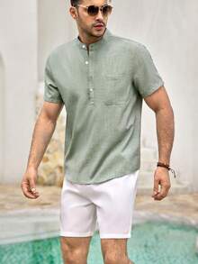 Mercer Haus 2pcs Set Men Green Short Sleeve Shirt & White Shorts With Pocket , Suitable For Summer Tropical Holiday Vacation In Hawaii. - Green - View 7