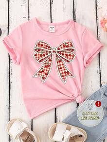 Spring And Summer Baby Girls' Casual Fashion Creative Personalized Fresh Cute Minimalist Cherry, Plaid, Bow Decor Pattern Print Comfortable Basic Short T-Shirt, Cozy Summer And Fall Styles Suitable For Spring, Summer, Autumn, Casual Outgoing Tops - Hot Pink - View 7