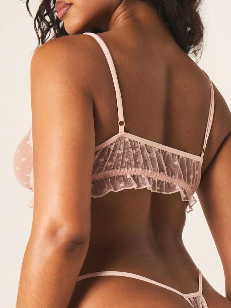 MISSGUIDED Conjunto de lencería de sujetador bralette y tanga de malla con lunares y ribete de volantes, transparente para San Valentín
