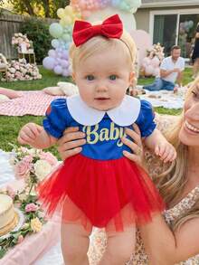 SHEIN Playful Pals 女婴爱心印花短袖网纱连体衣，配蝴蝶结发带，时尚可爱独特设计 - 紅色 - 查看 4