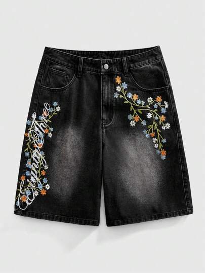 ROMWE MEN Quần short denim thêu dành cho nam, thích hợp để mặc hàng ngày vào mùa xuân và mùa hè.